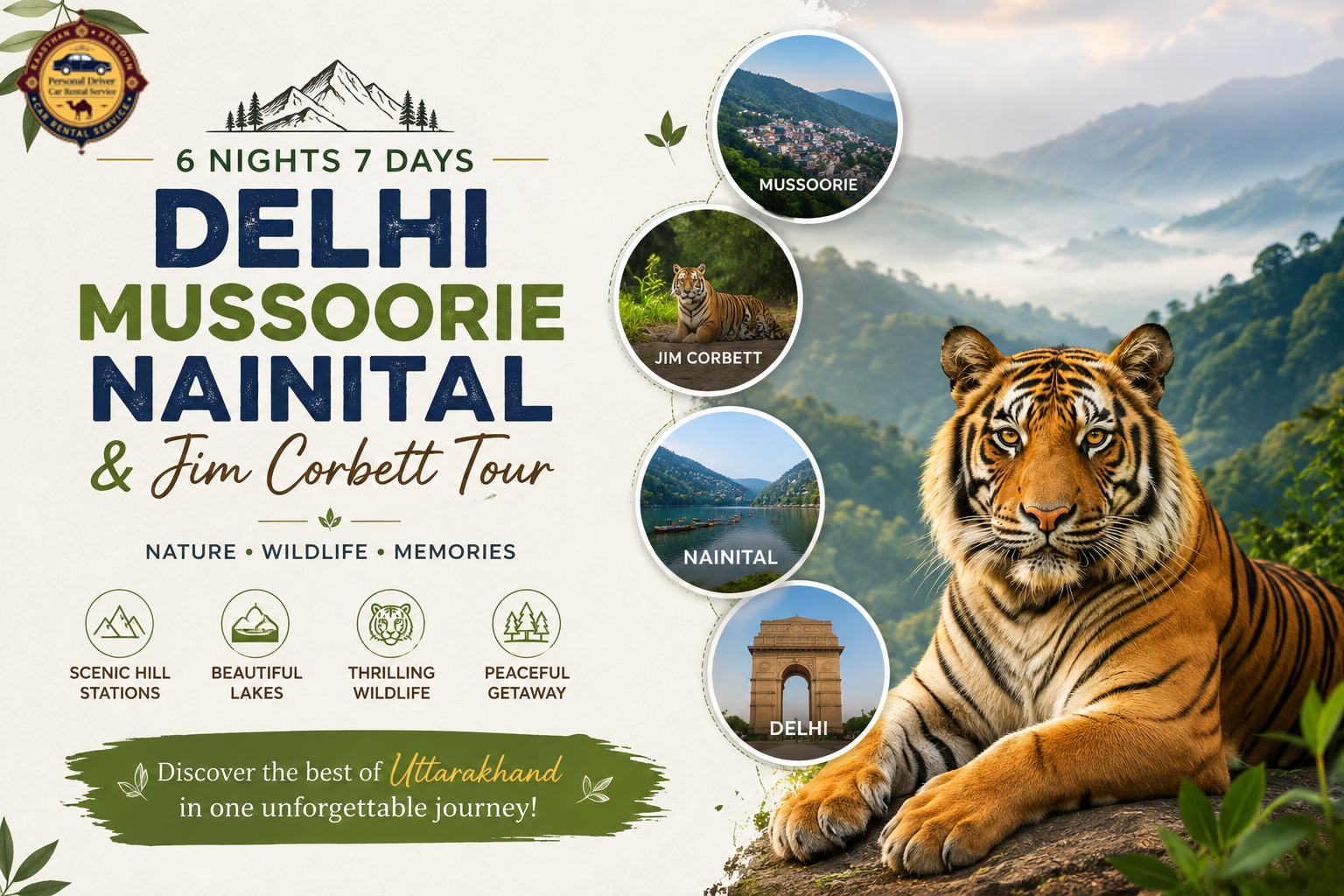 6 Nights 7 Days Delhi Mussoorie Nainital and Jim Corbett Tour with Private Driver